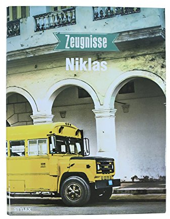 Zeugnismappe mit Namen mit Schulbus-Motiv - grau/weiß/gelb - individuell gestaltet