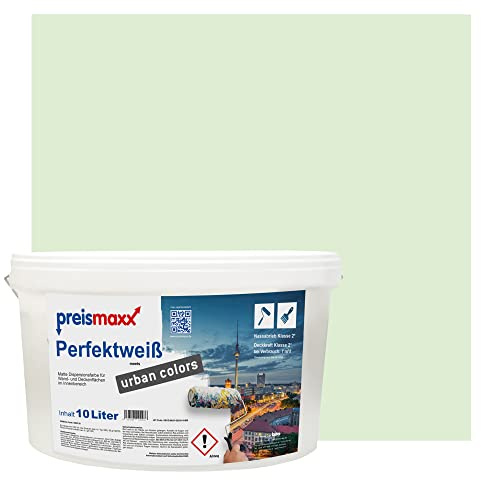 Preismaxx Perfektweiß Wandfarbe grün matt 10L - Innenwandfarbe für kreative Wandgestaltung, Innenfarbe eisgrün, hohe Deckkraft Klasse 2, Trendfarbe für Wohnzimmer, bunte Akzentfarbe