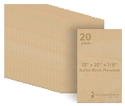 3 mm Baltic Birch Plywood 1/8 x 12 x 20 Inch, Box of 20 B/BB Grade Craft Wood, Stronger Than Basswood Sheets, for Laser, CNC Cutting and Wood Burning, by Woodpeckers
