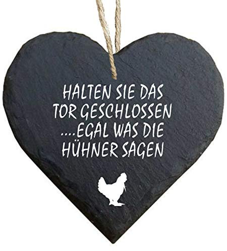 Homeyourself Herz Schieferherz Schiefer Schieferschild 10 x 10 cm Halten Sie das Tor geschlossen egal was die Hühner Sagen schwarz Dekoschild Wandschild Schild Stein Geschenk
