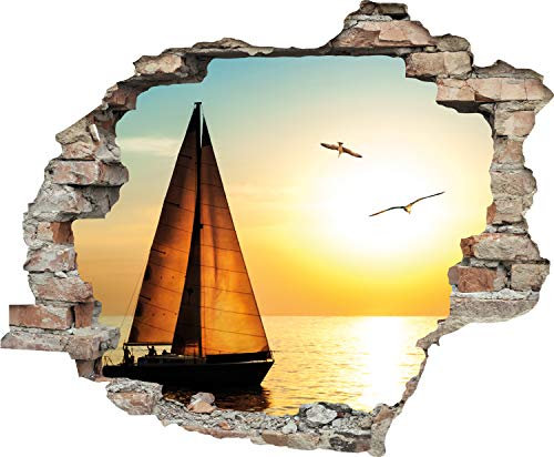 Queence | 3D-Effekt Wandtattoo 60x50 cm | Aufkleber | Fenster | Durchbruch | selbstklebendes Wandbild | Wandsticker | Wanddurchbruch | Wandaufkleber | Tattoo Segelboot Schiff