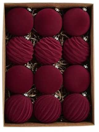 itrimaka Samt-Weihnachtsschmuck, Kugeln, Weihnachtsbaumschmuck-Set, 12 Stück, grün/rot, beflockte Weihnachtsschmuck für Weihnachtsbaum-Hängedekorationen