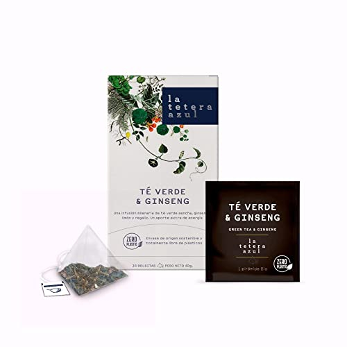 LA TETERA AZUL Te Verde con Ginseng En Pirámides. 20 Pirámides Envueltas Individualmente.