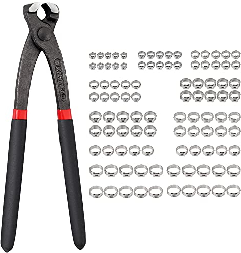 Kamtop Ohrklemmenzange aus 304 Edelstahl Schlauchschellen Set mit 100 Stück 304 Edelstahl Schhlauchklemmen 5,8-21mm(10 Größen)Schlauchklemmensatz Werkzeug Kit für Securing Pipe