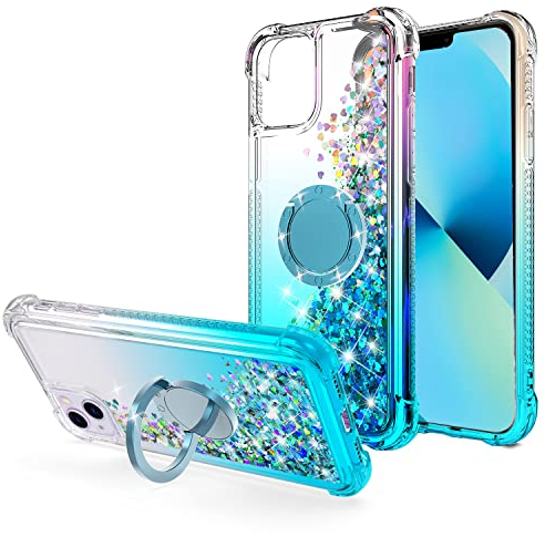 WORLDMOM Schutzhülle für iPhone 13, schwimmende Flüssigkeit, glitzernd, Wasserfall, TPU-Schutzhülle mit Drehring, Ständer, für iPhone 13 [6,1 Zoll 2021], blau