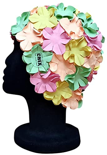 CHEX Anzio Bonnet de bain thermique en caoutchouc pour femme Motif floral classique rétro 3D 4 couleurs Superbe look art déco vintage Taille unique adulte (rose/vert/jaune/pêche)