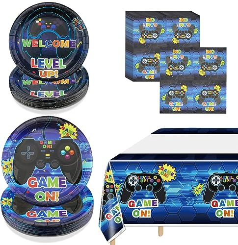 Ensemble de fête de jeu vidéo - Assiettes et serviettes jetables de 17,8 cm et 22,9 cm, nappe, fournitures de fête d'anniversaire pour garçons et adolescents, 61 pièces