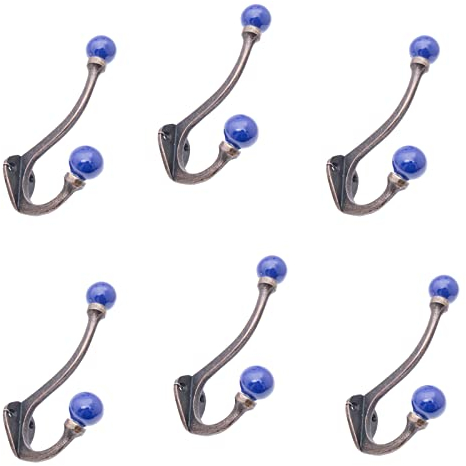 Knober 6 X Haken | Dunkel Blau | Vintage Garderobenhaken | Antik-Look Bronze Keramik | Wandhaken | SET 6 Stück