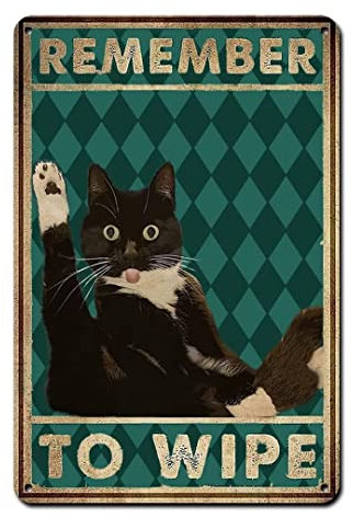 Black Cat Decor Metal Tin Sign-Remember to Wipe-Cat Funny Metal Poster Bathroom Wall Decor Sign for Toilet,Home Decor,Restroom,Apartment,Office,Vintage Cat Bathroom Decor Wall Art Signs,12x8 Inch