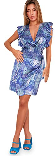 Chi Chi London Women's V Neck Shirred Floral Top in Blue Blouse, 12