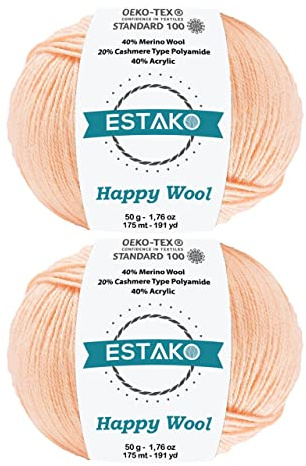 Estako Happy Wool, 40% Merino Wool Blend Fingering Yarn, Peach, 2-Pack