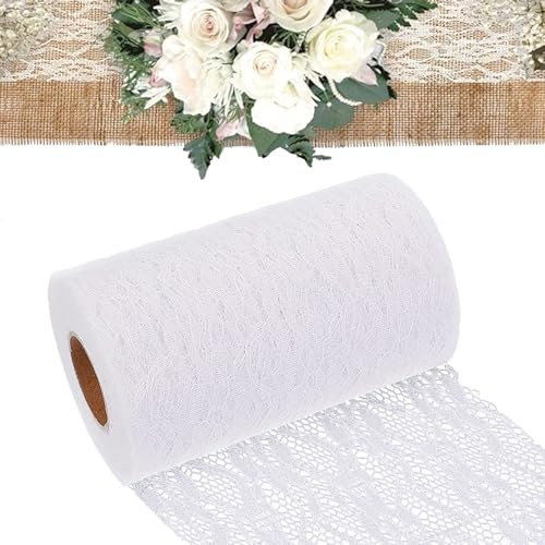 KERANEET Tischläufer Spitze 15cm*22m Tischband Spitzenband Weiß Tischläufer Weiß für Hochzeit Tischband Weißs Deko Taufe Deko Festliche Dekoration zu Besonderen Anlässen