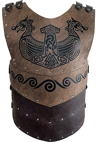 HiiFeuer Wikinger Kunstleder Geprägter Langskip Brustschutz, Retro Mittelalter Ritter Lederrüstung für LARP/Cosplay(Braun B)