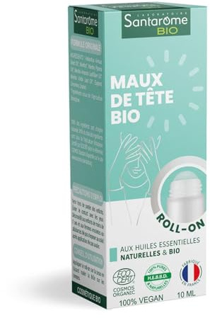 Santarome Bio - Roll-on Kopfschmerzen Bio – beruhigt schwere Kopfschmerzen und Verspannungen des Kopfes – Roller mit ätherischen Ölen – Pfefferminze, grüne Minze – hergestellt in Frankreich – 10 ml