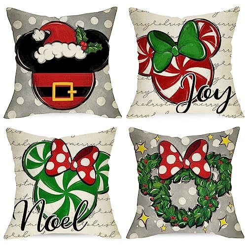 Ussap Dekorative Kissenbezüge mit Aufschrift Merry Christmas, 45,7 x 45,7 cm, 4 Stück, Zuckerstangenkranz, gepunktet, Schleife, Kissenbezug, Dekoration, Winterurlaub, Bauernhaus, Zuhause, Sofa,