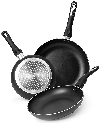 nuovva Induction Hob Pan Set – 3pcs Non Stick Frying Pan – Chefs Kitchen Cookware Nonstick – Black, 20cm, 24cm & 28cm Frying Pans Set