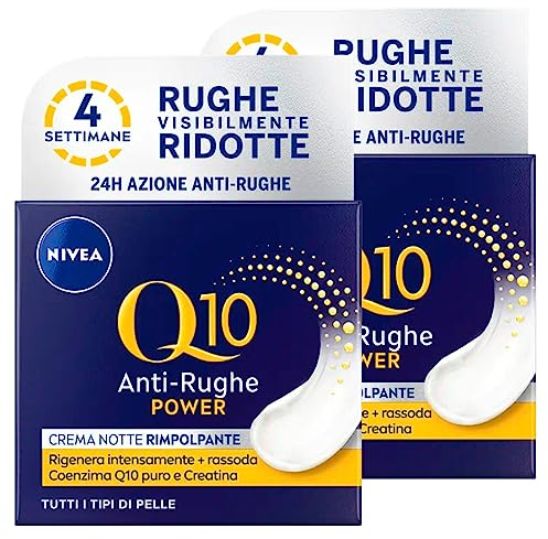 Nivea Q10 Power Nachtcreme für das Gesicht, aufpolsternd, Anti-Aging, 24 Stunden feuchtigkeitsspendend, gegen Falten, regenerierend mit Kreatin und Coenzym Q10, 2 Dosen à 50 ml