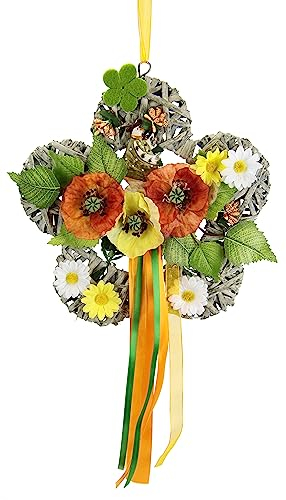 Flair Flower Wandkranz Blume mit Mohnblumen Gänseblümchen Margeriten mit Schleife zum Hängen Kunstblumen Blüten Kränze Wanddeko Türschmuck Wandschmuck Türkranz, Blume