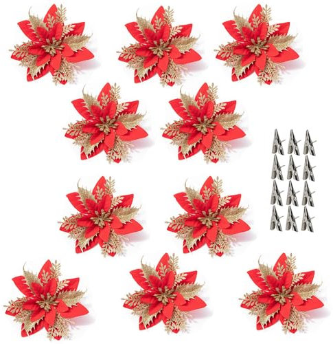 10 PCS Artificial Poinsettia Christmas Decorations Glitter Christmas Tree Flowers, 15cm Artificial Chritstmas Flowers for Xmas Tree Decorations with Clips, Red + Gold