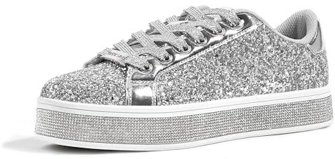 LUCKY STEP Women's Platform Glitter Sneakers | Sparkly Bling Shiny Dressy Bedazzled Wedding Bridal Fashion Walking Shoes (Silver, 7US-37EU-4UK)