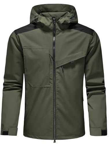 KUDORO Veste Homme Coupe-Vent à Capuche Blouson Homme Léger Casual Imperméable Trench-coat Poches Multiples(Verte Armée,XL)