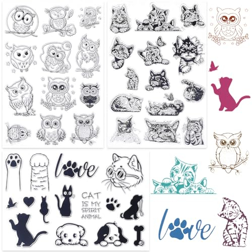 craspire 3 Stile Eule Durchsichtige Stempel Katze Tier Wort Wiederverwendbarer Hintergrund Poststempel Transparente Silikonstempel Siegel Für Journaling Kartenherstellung Dekor Halloween DIY