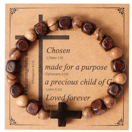 Eigso Braun Holzperlen Mala Gebet Armband für Männer Frauen Edelstahl Christian Kreuz Anhänger Armband für Mann Frau