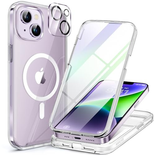 Miracase Magnetic Case for iPhone 14 Plus Case 6.7-Inch, Full Body Bumper Case Compatible with Magsafe and Built-in 9H Tempered Glass Screen Protector + Camera Lens Protector (Clear)