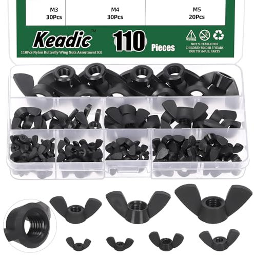 Keadic Set di 110 dadi ad ala metrici in nylon, M3, M4, M5, M6, M8, M10, M12, per stringere le orecchie, farfalla, dado, per l'industria domestica (nero)