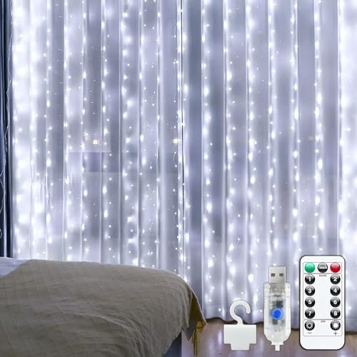 Bowfar Lichtervorhang innen 3x3m, 300 LEDs USB Lichterketten Vorhang 8 Modi mit Fernbedienung Memory-Funktion IP65 Wasserdicht Lichterkette für Innen Außen Deko Weihnachten Hochzeit Party, Kaltweiß