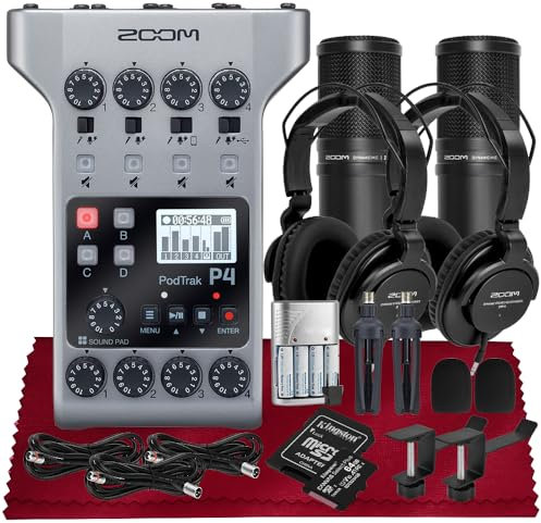 Zoom PodTrak P4 Portable Multitrack Podcast Recorder, Audio Interface w/ 4 Mic Inputs, 4 Headphone Outputs with 2X Zoom DM1-PMP Podcast Mic Pack, 2X Headphone Hanger, Rechargeable Batteries & More