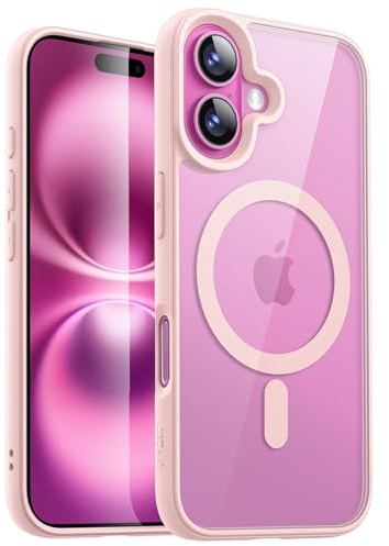 JETech Magnetic Case for iPhone 16, Light Pink | Compatible with MagSafe, Solid Color Matte TPU Frame, Clear Back, Shockproof Bumper