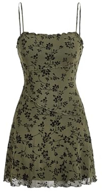 Verdusa Women's Mini Dress Floral Spaghetti Strap Mesh Short Dresses Going Out Sundress Y2k Gothic Clothes Green Floral Small