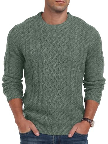 Hisir Men's Cable Knit Jumpers Casual Crew Neck Winter Thick Warm Long Sleeve Pullover Sweater for Men UK (Variegated Green, L)