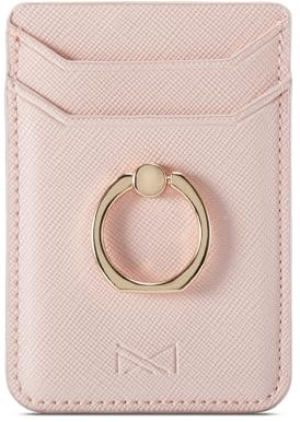 DMaos Card Holder Sleeve with Ring for Girl, RFID Credit Wallet PU Leather Stick On Back Grip for iPhone Samsung Smartphone - Pink