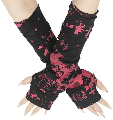 Long Keeper Women Long Glove Fingerless Arm Warmers Gothic Ripped Hole Long Arm Gloves Y2K Punk Rock Half Finger Halloween Gloves for Cosplay Costume Party