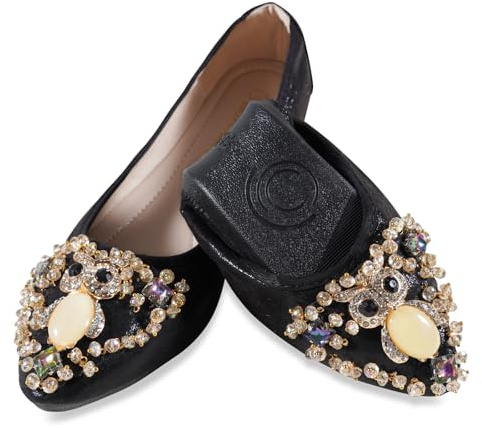 YOUNIFIZ Women's Ballet Flats Foldable Casual Sparkly Jewels Wedding Ballerina Shoes Comfort Slip on Walking Dolly Shoes (Black-8,Size 7.5)