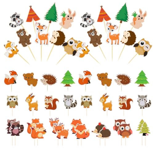 JaneYi 48 Stück Muffin Deko Cupcake Topper Geburtstag Waldtiere Kuchendeko Dschungel Tiere Zoo Jungle Animal Cake Topper Tortendeko für Kinder Junge Mädchen Baby Shower Kindergeburtstag