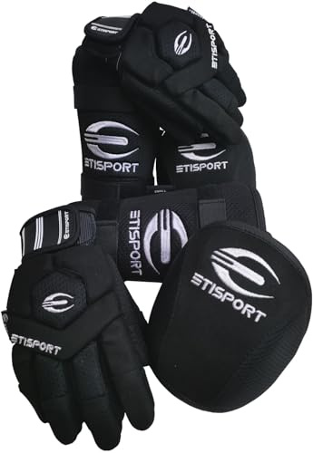 ETISPORT Schutzset, Handschuhe, Knieschützer, Schienbeinschützer für Rollhockey für Kinder Starter. Professionelle Qualität; hoher Komfort und Schutz.