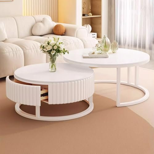 SeraphicCharm Runder Couchtisch Marmor 2er Set Modern Couchtisch Rund Weiss Mit Stauraum 50+70cm Wohnzimmertisch Weiß Mit Holz Schublade Ausziehbar Tisch Wohnzimmer Stabiler Metallrahmen