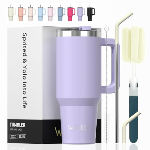 WATERSY Taza de Café con Asa 20 oz, 591 ml Vaso con Pajita, Vaso Termico para Tapa Acero Inoxidable, Termo de Agua Doble Pared, Travel Mug para Frío y Caliente (Morado)