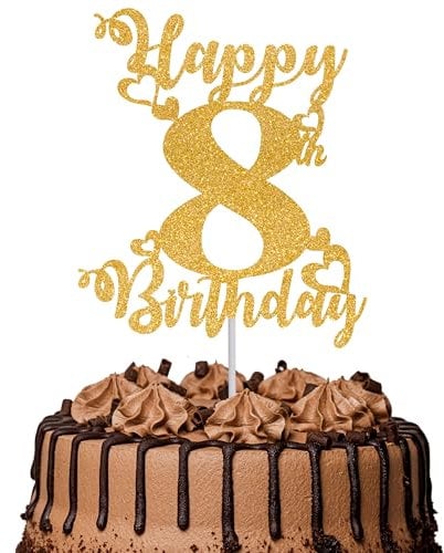 1Pc Happy 8th Birthday Cake Topper Glitter Cheers to 8 Years Cake Topper 8 Fabulous Cake Decoration for Happy 8th Birthday Party Cake Decorations Supplies Gold