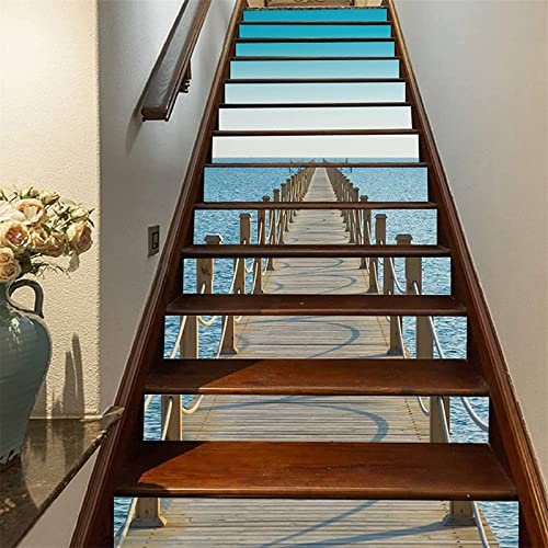 FLFK 3D Muelle bajo el cielo azul auto-adhesivos Pegatinas de Escalera pared pintura vinilo Escalera calcomanía Decoración 39.3 pulgadas X7.08 pulgadas X15Piezas