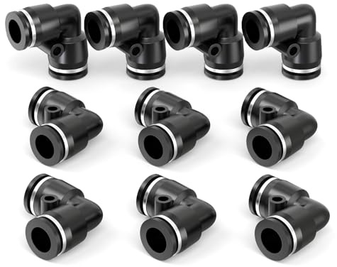 ERGAOBOY 10 Stück 10MM Rohr OD Schwarz 2 Wege 90 Grad Ellenbogen schieben, um Rohr pneumatische Schnellverschlüsse Push Lock, Kunststoff PV Air Line Adapter