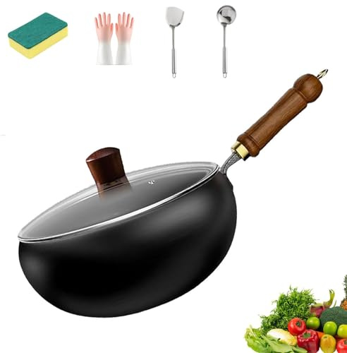 Generico Padella in ferro giapponese, Padella in ferro forgiato, 20/24/26/28/30 cm in ferros ad alta purezza, senza rivestimento con coperchios in legno/coperchio in vetro (Coperchio in vetro, 26CM)