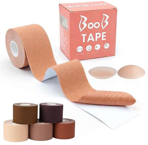 Qilly Boob Tape, Bob Tape for Large Breasts, Self-Adhesive Waterproof Strapless Boobtapes with 2 Pcs Nipple Covers, Stretchable Longer Than Regular Roll, Perfect to Stick on Bra