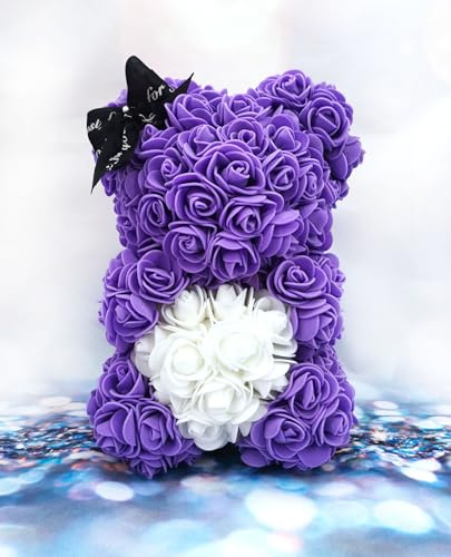 Hacdy Rose Bear Floral Gift for Women, Artificial Flower Teddy Bear with Gift Box, Valentine's Day Gift for Girlfriend, Wife, Mother, Daughter, Birthday (Purple Bear, White Heart)