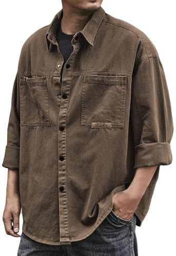 Long Sleeve T Shirt Mens Baggy Button Front Classic Lapel Formal Dress Shirt Stretch Loose Fit Tops Work Office Tees