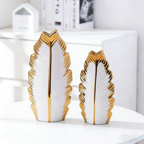 Keramik Blumenvasen, 2er Set, Moderne minimalistische dekorative Vase, für Wohnkultur, Schlafzimmer, Couchtisch, Hochzeiten, Restaurants, Büro und Eingangsdekorationen (Weiß und Gold)