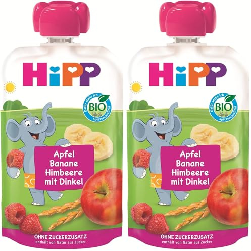 HiPP Bio Quetschie Apfel Banane Himbeere mit Dinkel - Eddi Elefant (8 x 100g), ab 1 Jahr, Früchte mit Vollkorn, ohne Zuckerzusatz, vegan, in bester Bio-Qualität (Packung mit 2)